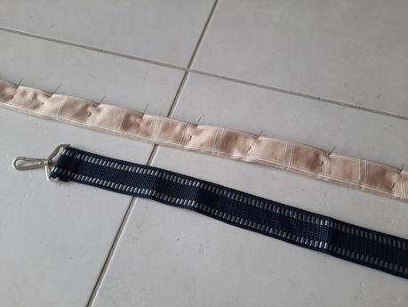 Making the shoulder strap for my bodhran bag, using metal hardware from an older one