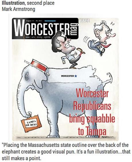 Worcester Magazine cover by Mark Armstrong showing Mitt Romney kicking Ron Paul off elephant in 2012 Massachusetts presidential primary dispute cover won second place for illustration at 2014 NENPA awards