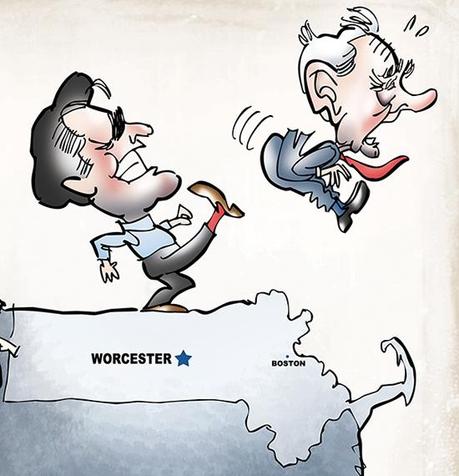 detail image from cover illustration for Worcester Magazine alternative newsweekly showing United States presidential candidate Mitt Romney kicking Ron Paul off the back of an elephant with map of Massachusetts and suitcase referencing delegates going to Republican National Convention in Tampa, Florida