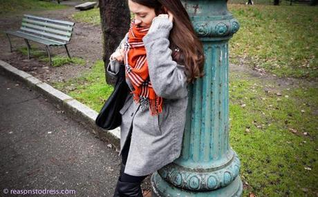 ReasonstoDress.com Reasons to Dress Real Mom Street Style Tweed oversized coat with orange plaid scarf heritage trend heritage fabric fall 2014 over the knee black leather boots