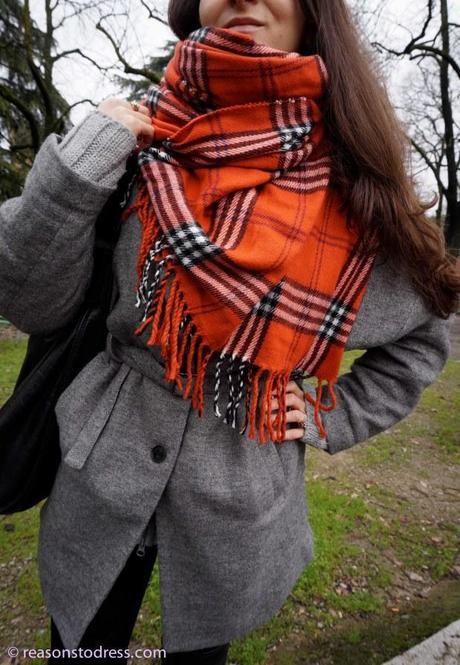 ReasonstoDress.com Reasons to Dress Real Mom Street Style Tweed oversized coat with orange plaid scarf heritage trend heritage fabric fall 2014 over the knee black leather boots