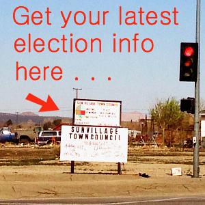 A Sun Village Town Council community bulletin board at the northeast corner of Palmdale Boulevard and 90th Street East.