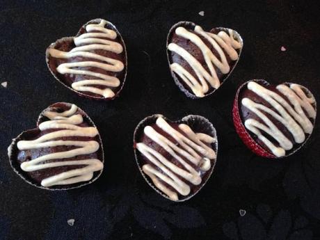 gluten free mini brownie bites heart shaped with white chocolate zig zag topping