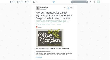 Snarky tweet about the new Olive Garden logo