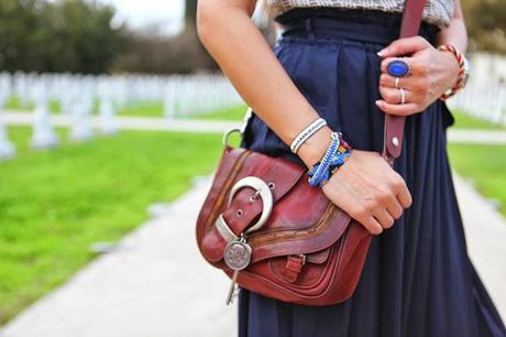 Pleated Skirt, Tory Burch Top, Metallic heels, ONecklace pendant, Friendship bracelets, Tanvii.com