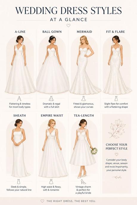 Infographic comparing popular wedding dress styles including A-line, ball gown, mermaid, fit and flare, sheath, empire waist, and tea-length wedding dresses.