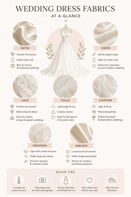 Simple wedding dress fabrics infographic comparing satin, lace, tulle, chiffon, crepe, organza, and mikado fabrics, showing their texture, structure, weight, and ideal wedding styles for brides choosing a wedding dress.