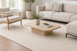 Knotty wool textured neutral cream area rug