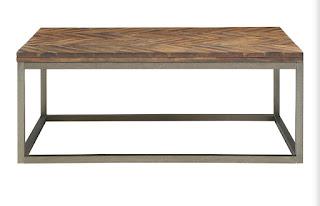 Brown herringbone wood transitional modern coffee table with black silver Iron Square legs.