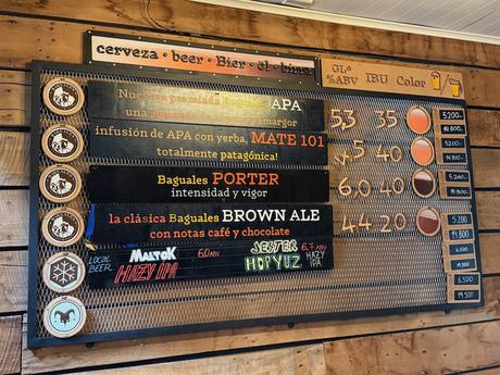 Craft beer menu at Baguales Brewery in Puerto Natales listing APA, porter, brown ale and local IPAs