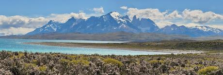 Panorama of the turquoise Lago Sarmiento lake and low scrubland beneath the Torres del Paine mountain range in Chilean Patagonia