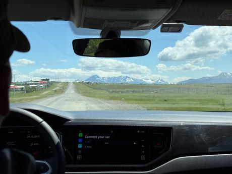 View from a car travelling along a gravel road from Puerto Natales towards Torres del Paine National Park