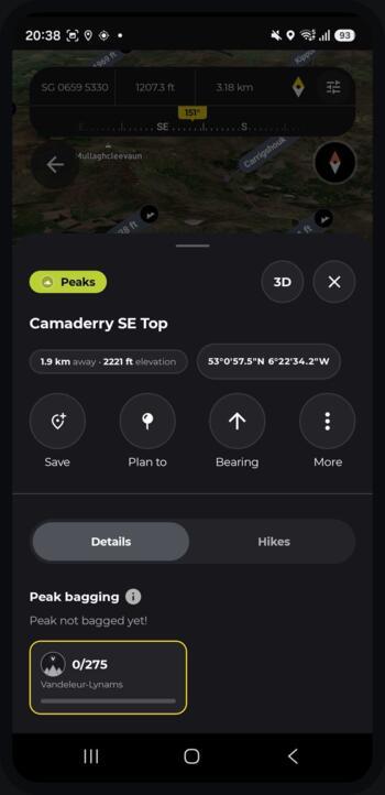 Camaderry SE Top details showing height, distance, coordinates and peak bagging status