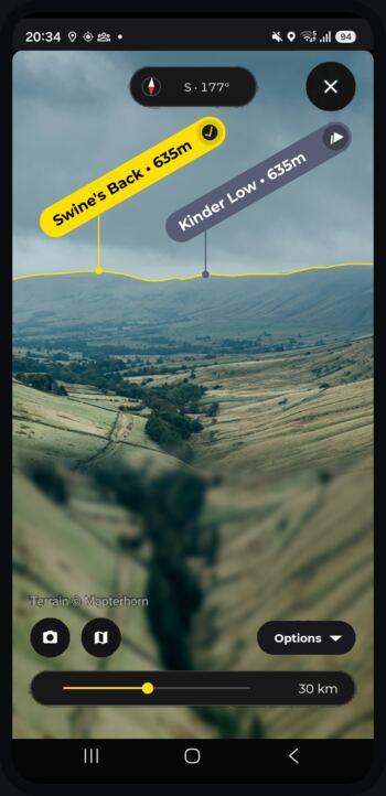 Peak Viewer labelling Swine's Back and Kinder Low on the skyline through the phone camera