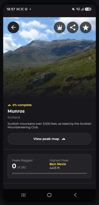 The Munros peak list showing percent complete, peaks bagged and highest peak