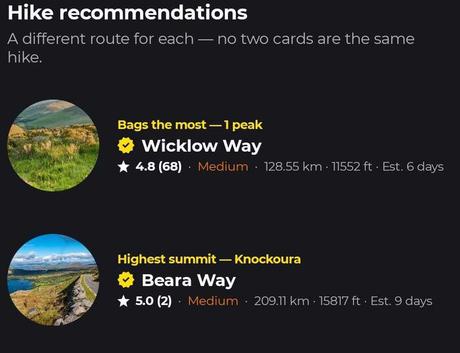 Hike recommendations on a peak list, each card labelled with the reason it is suggested