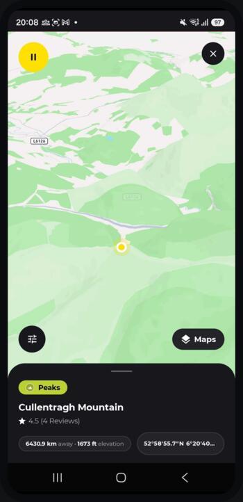 Cullentragh Mountain shown as a 3D flyover with the peak details sheet below