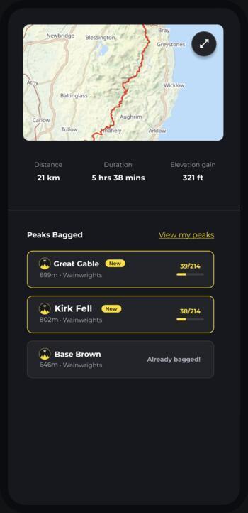 A recorded hike summary listing Great Gable, Kirk Fell and Base Brown