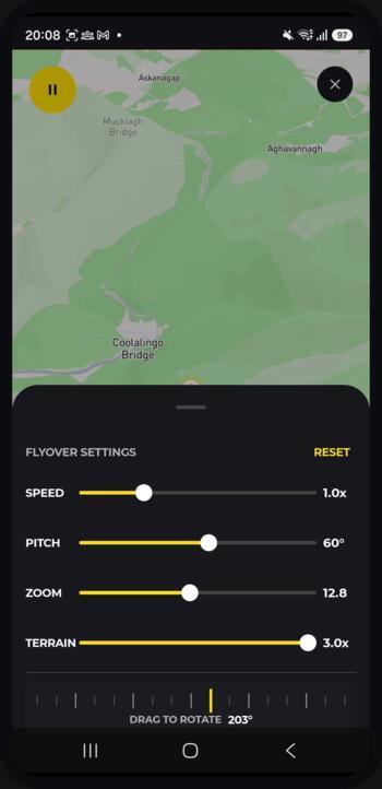 The flyover settings sheet with speed, pitch, zoom, terrain and rotation controls