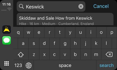 The CarPlay search screen with Keswick typed in, showing the hike Skiddaw and Sale How from Keswick with its distance, difficulty and county