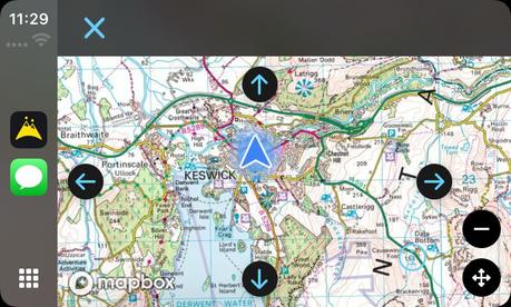 CarPlay pan mode showing directional arrows over HiiKER's Ordnance Survey map of Keswick, with a close button top-left