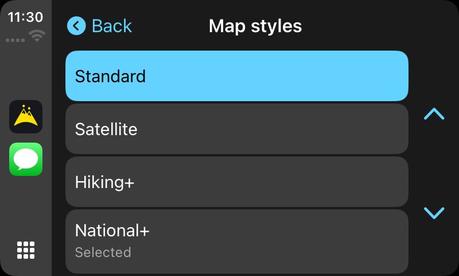 The CarPlay map styles list showing Standard, Satellite, Hiking+ and National+, with National+ marked as selected