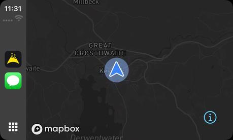 The same Keswick view on the CarPlay screen rendered in HiiKER's Standard map style, showing its dark night-mode styling