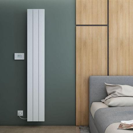 Carisa Boreas M white aluminum electric vertical single panel designer radiator on green wall nearby wooden panelling and bed