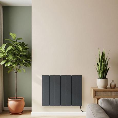 ECOSO Leo anthracite ceramic core smart electric heater on cream wall next to large and small houseplants
