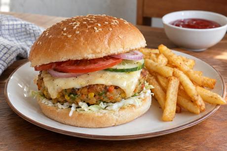 Veg Cheese Burger Homemade Veg Cheese Burger, ready to serve