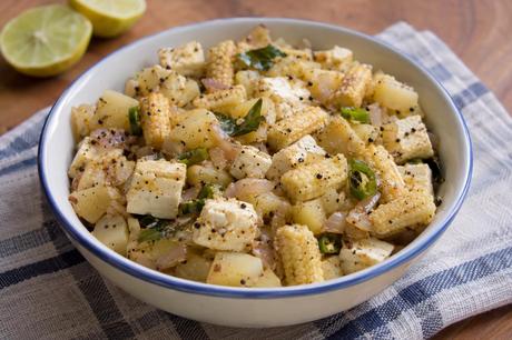 Paneer Baby Corn Chaat Homemade Paneer Baby Corn Chaat, ready to serve