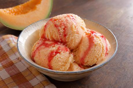 Musk Melon Ice Cream Homemade Musk Melon Ice Cream, ready to serve
