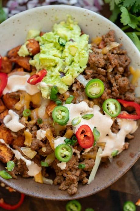 an overhead shot of sweet potato taco bowls