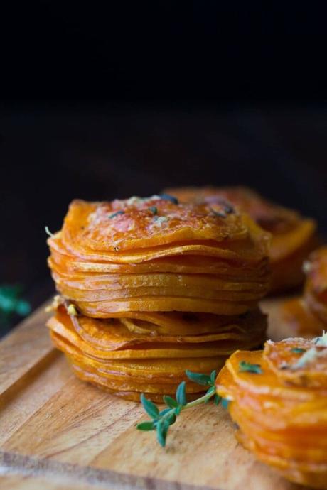 herb coconut oil sweet potato stacks on wood board