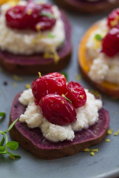 27+ Sweet Potato Recipes (Budget-Friendly) close up shot of sweet potato ricotta and cranberry crostini