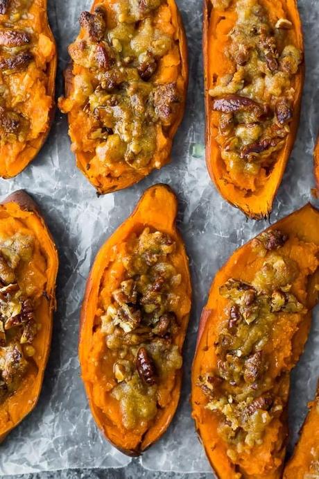overhead shot of twice baked sweet potatoes in a row on parchment
