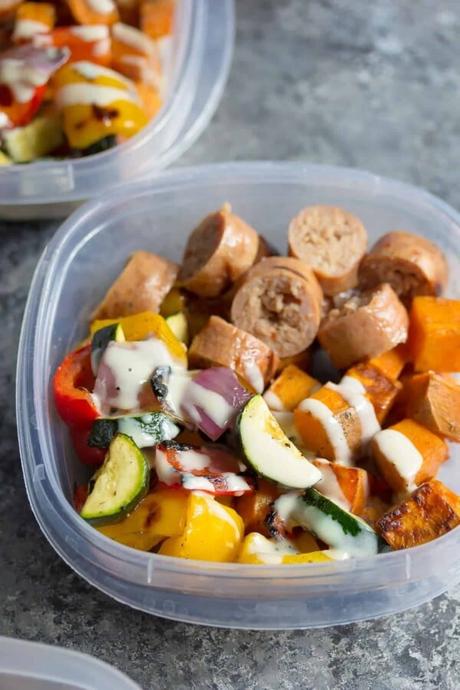 turkey sausage sweet potato lunch bowl in meal prep container