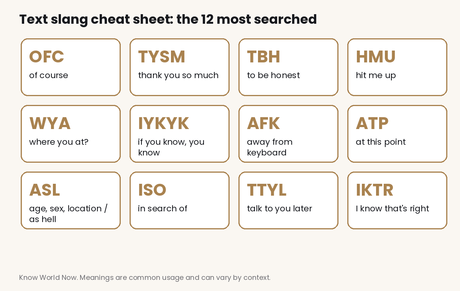 Cheat sheet of 12 text abbreviations: OFC of course, TYSM thank you so much, TBH to be honest, HMU hit me up, WYA where you at, IYKYK if you know you know, AFK away from keyboard, ATP at this point, ASL age sex location or as hell, ISO in search of, TTYL talk to you later and IKTR I know that is right