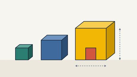 Flat illustration of three shipping boxes of increasing size, the largest holding a small product with dashed measurement arrows for length and height