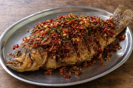 Homemade Fried Fish with Chili Shrimp Paste Sauce, ready to serve
