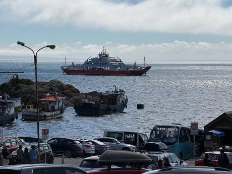 Transportes Puelche vehicle ferry crossing the Reloncaví Estuary off Caleta La Arena on the northern Carretera Austral