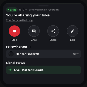 The sharer's live page in HiiKER: LIVE until you finish recording, Stop, Chat, Share and Edit, one person following, and signal status