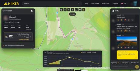 Following a hike live in a web browser with HiiKER Live Locator: the hiker's track on the Fairycastle Loop, distance, ETA, weather with a gust warning, an elevation profile and a chat with a photo from the hill