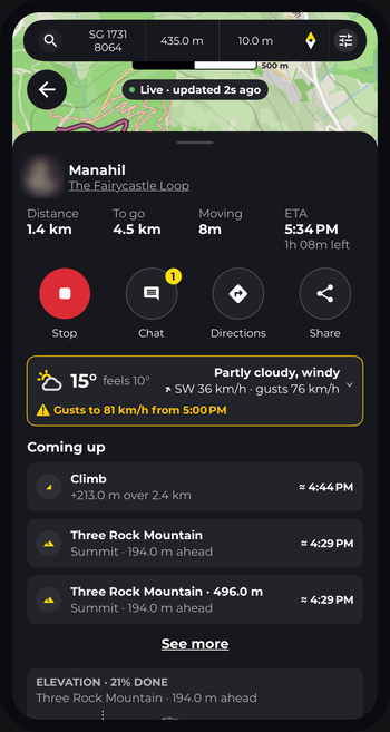 The follower sheet in HiiKER with the weather and a gust warning, then Coming up: the next climb and the summit of Three Rock Mountain with arrival times