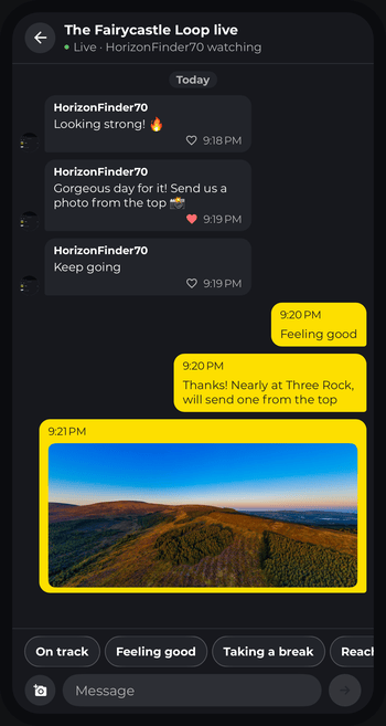 HiiKER Live Locator chat on the hill: a follower's messages and a liked one, replies, a photo from the walk, and quick replies like On track and Feeling good