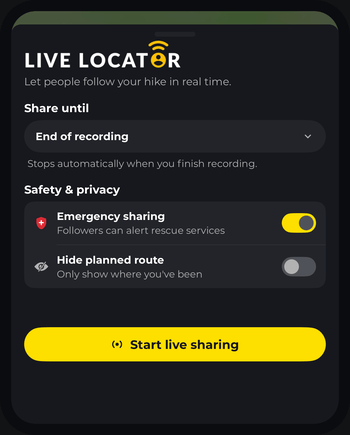 Starting Live Locator during a recording in HiiKER: Share until End of recording, Emergency sharing on and a Hide planned route switch