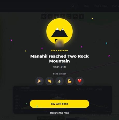A follower's view when the hiker bags a peak in HiiKER Live Locator: confetti, Manahil reached Two Rock Mountain, a row of cheers to send, and Say well done