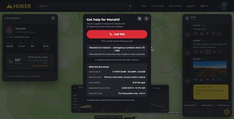HiiKER Live Locator's Get help page: a Call button for the local emergency number, the hiker's country and its emergency numbers, last location with grid reference, nearest place, last update and expected finish