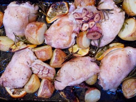 Rosemary, lemon and garlic roast chicken thighs with baby roasties