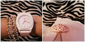 Left: jeweled friendship bracelet (American Eagle), white watch (American Eagle). Right: pink heart pendant (Forever 21). 